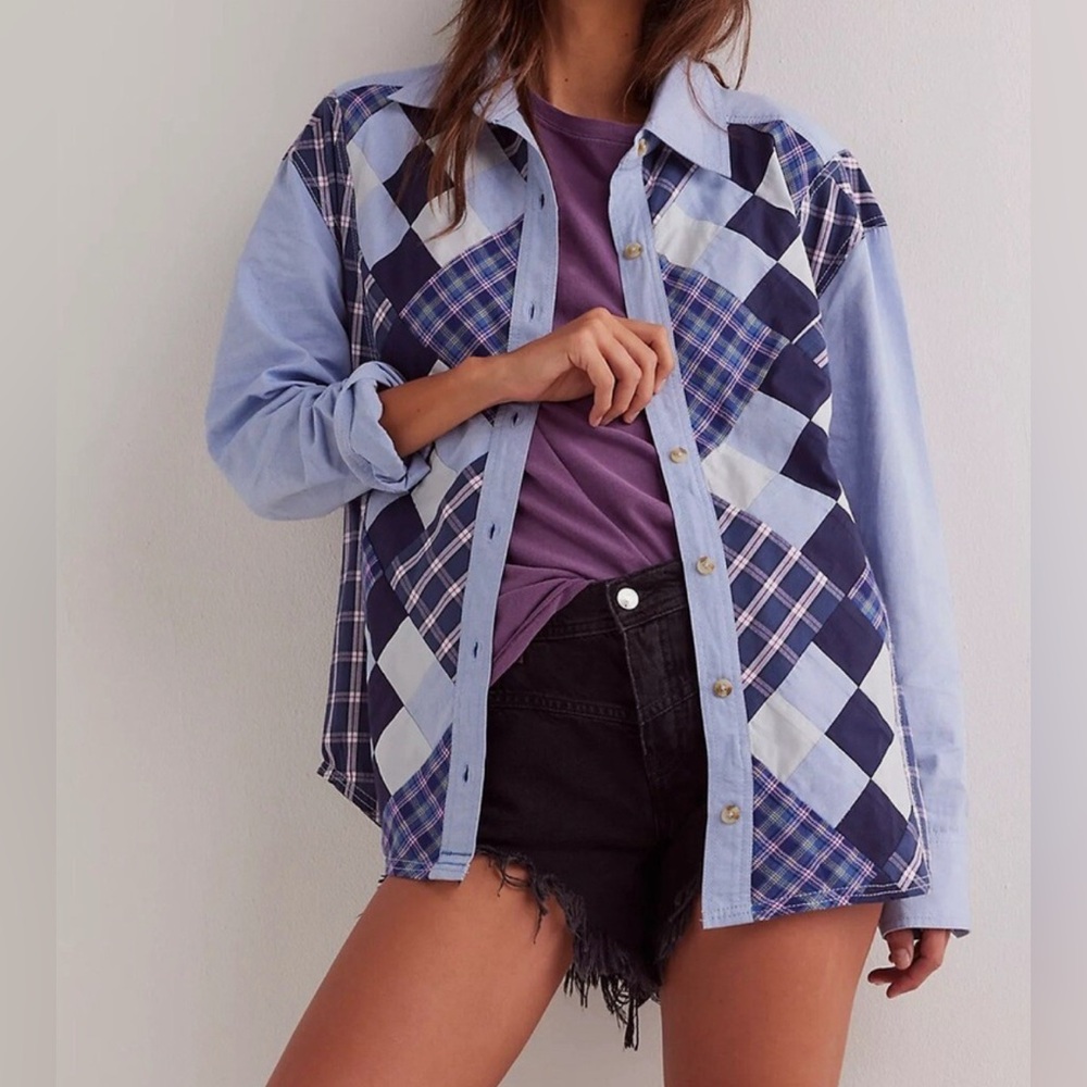 Free People We The Free Argyle Plaid Shirt Buttondown Blue Combo, Medium